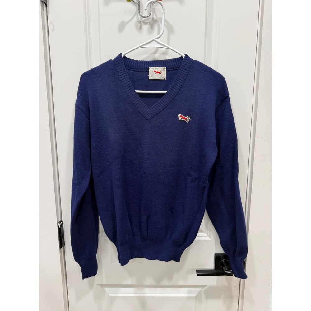 Vintage JCPenney The Fox Collection Navy Blue V-Neck Sweater Mens Medium Logo 80